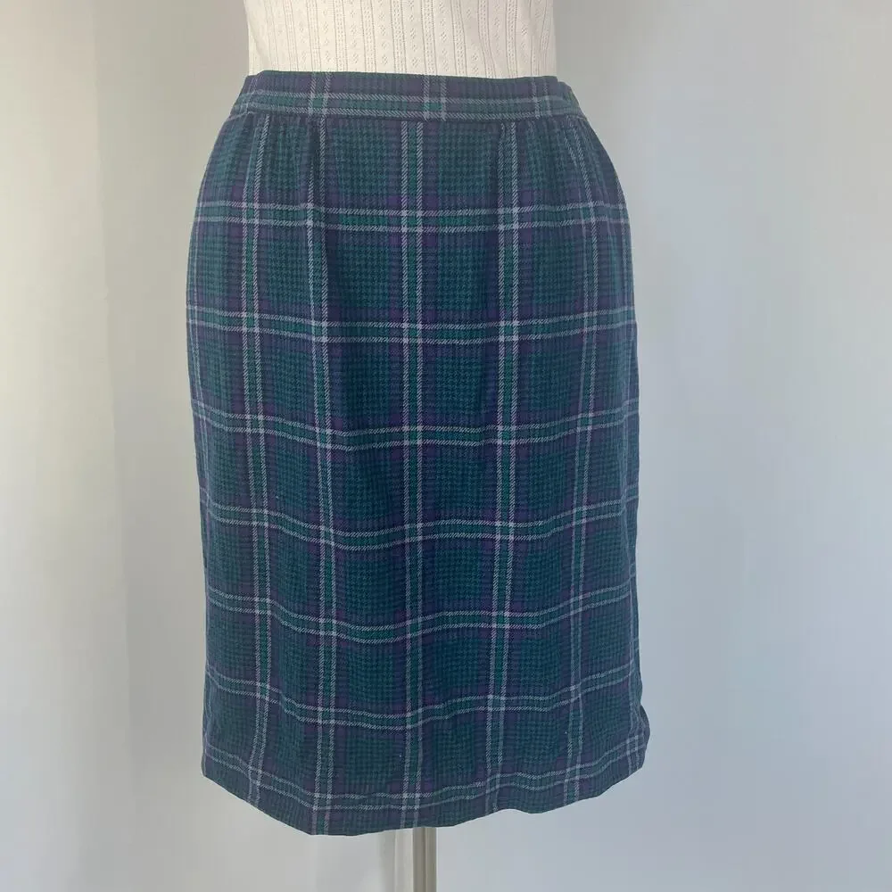 Vintage Pendleton Pencil Skirt Size 12 Blue Purple Tartan Plaid Wool Academia